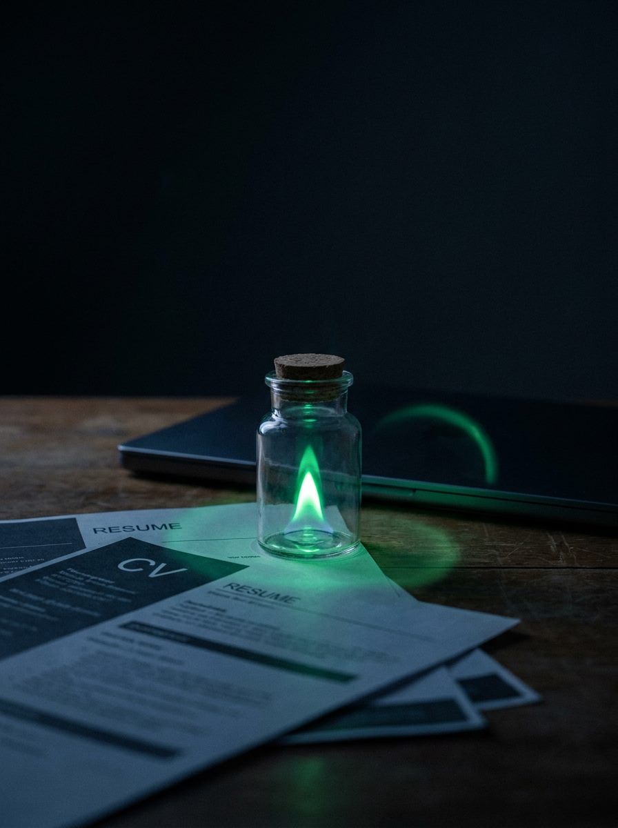 A small green flame kept alight in a corked glass jar, resting on a spread of printed CVs beside a laptop on a dark desk.