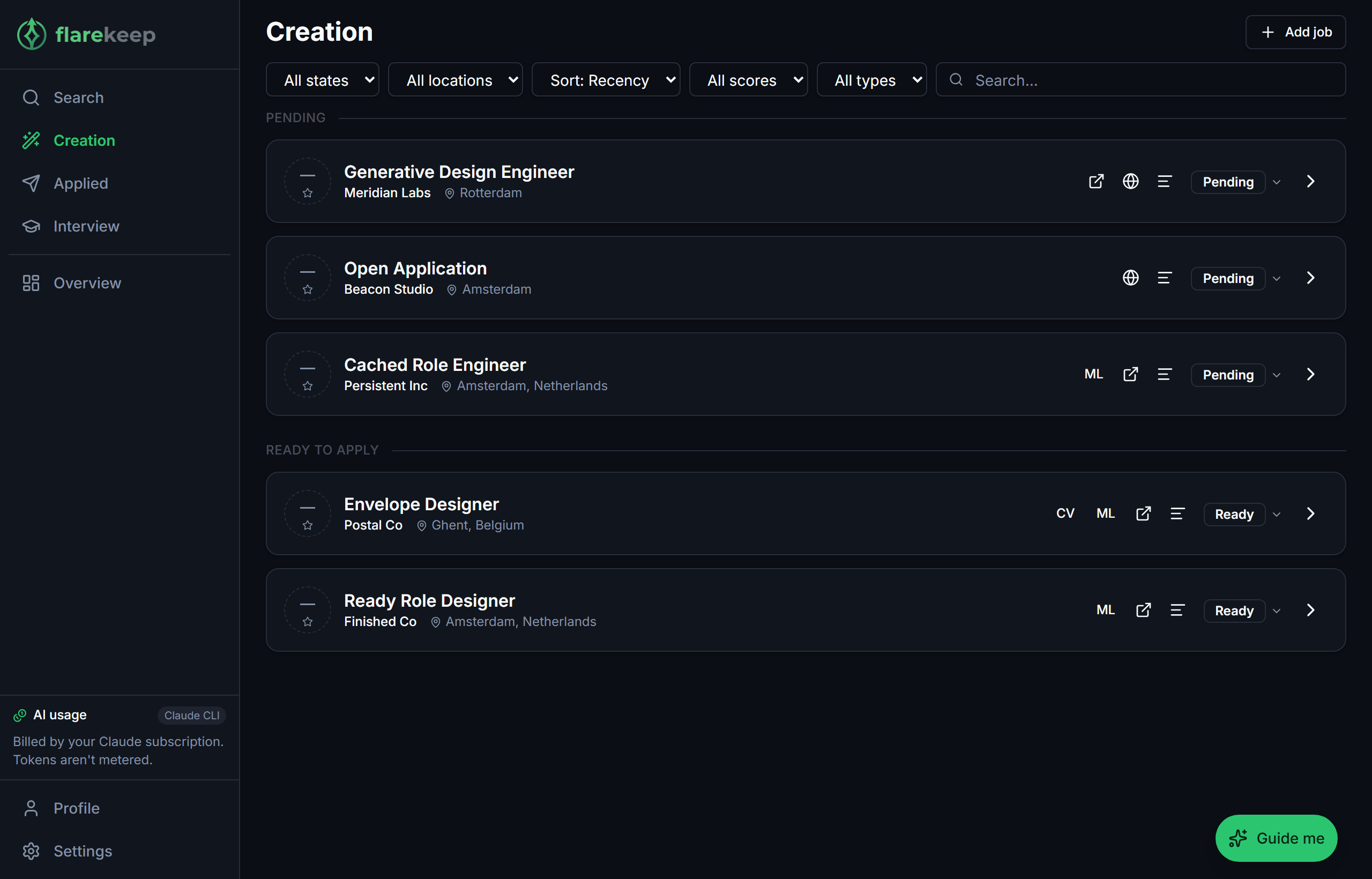 Flarekeep Creation page preparing tailored documents for a selected job.