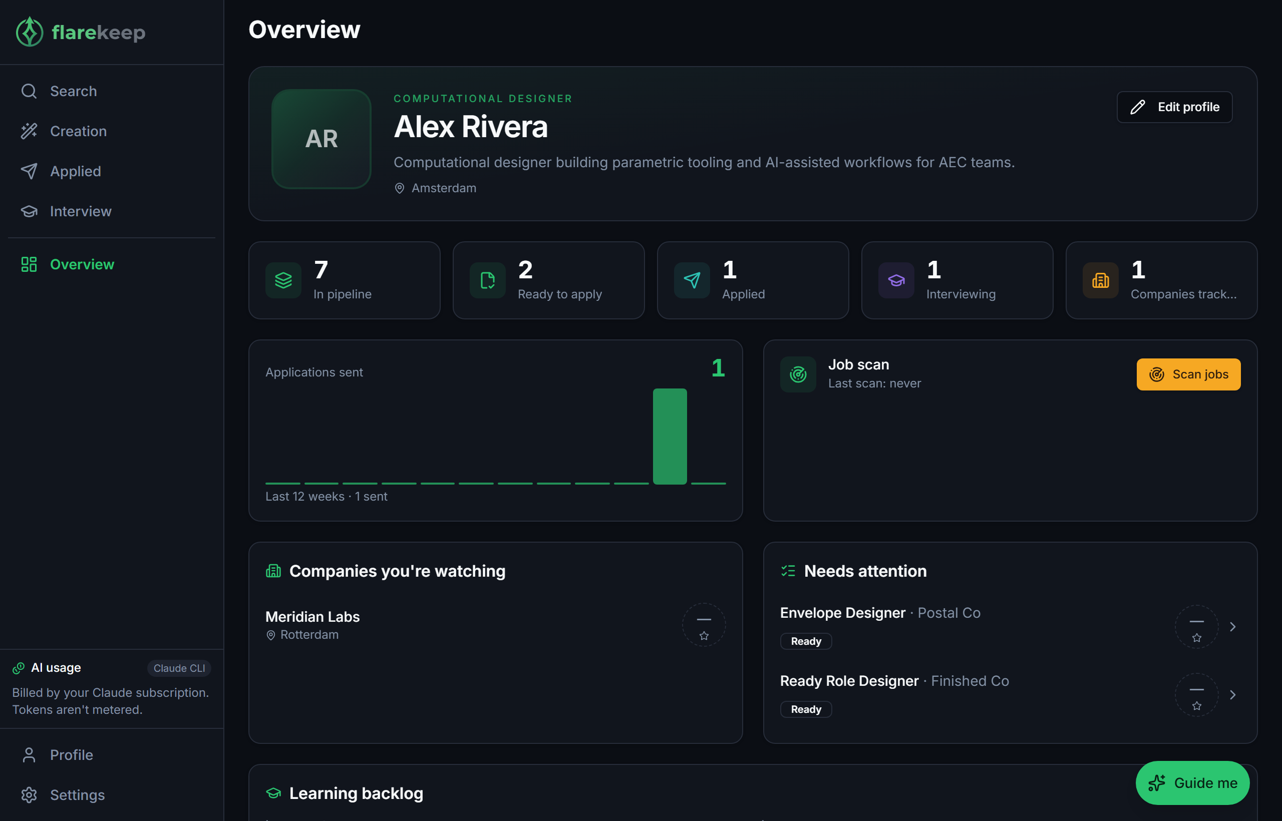 Flarekeep Overview dashboard tracking applications across pipeline stages.